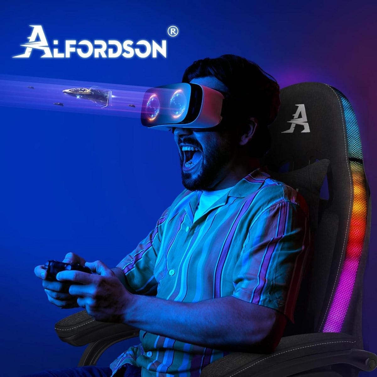 ALFORDSON Gaming Stuhl mit 8-Punkt Massage und RGB LED-Licht, Bürostuhl Ergonomisch, Fußstützen, Stoffmaterial