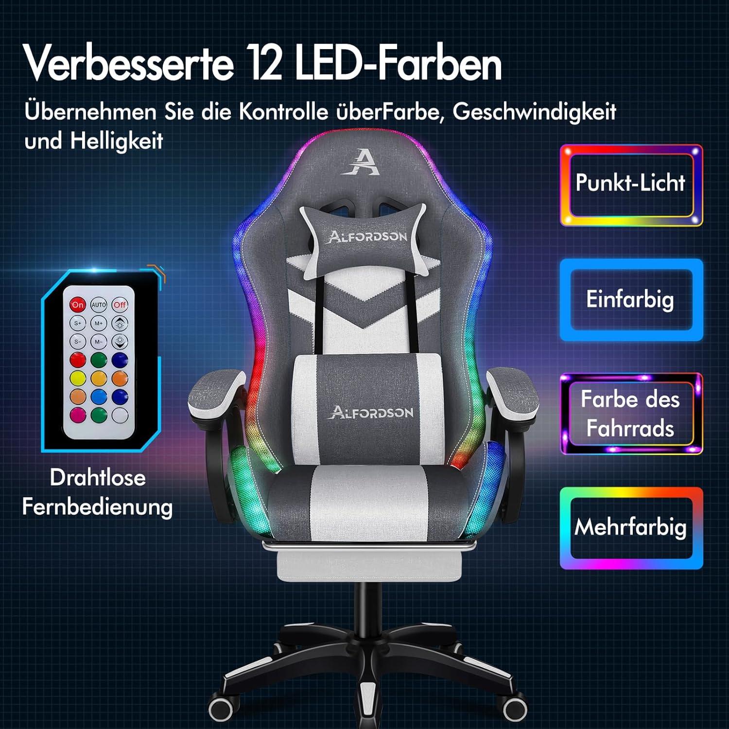 ALFORDSON Gaming-Stuhl LED 8-Punkt-Massage RGB Drehstuhl Grau Spleißen