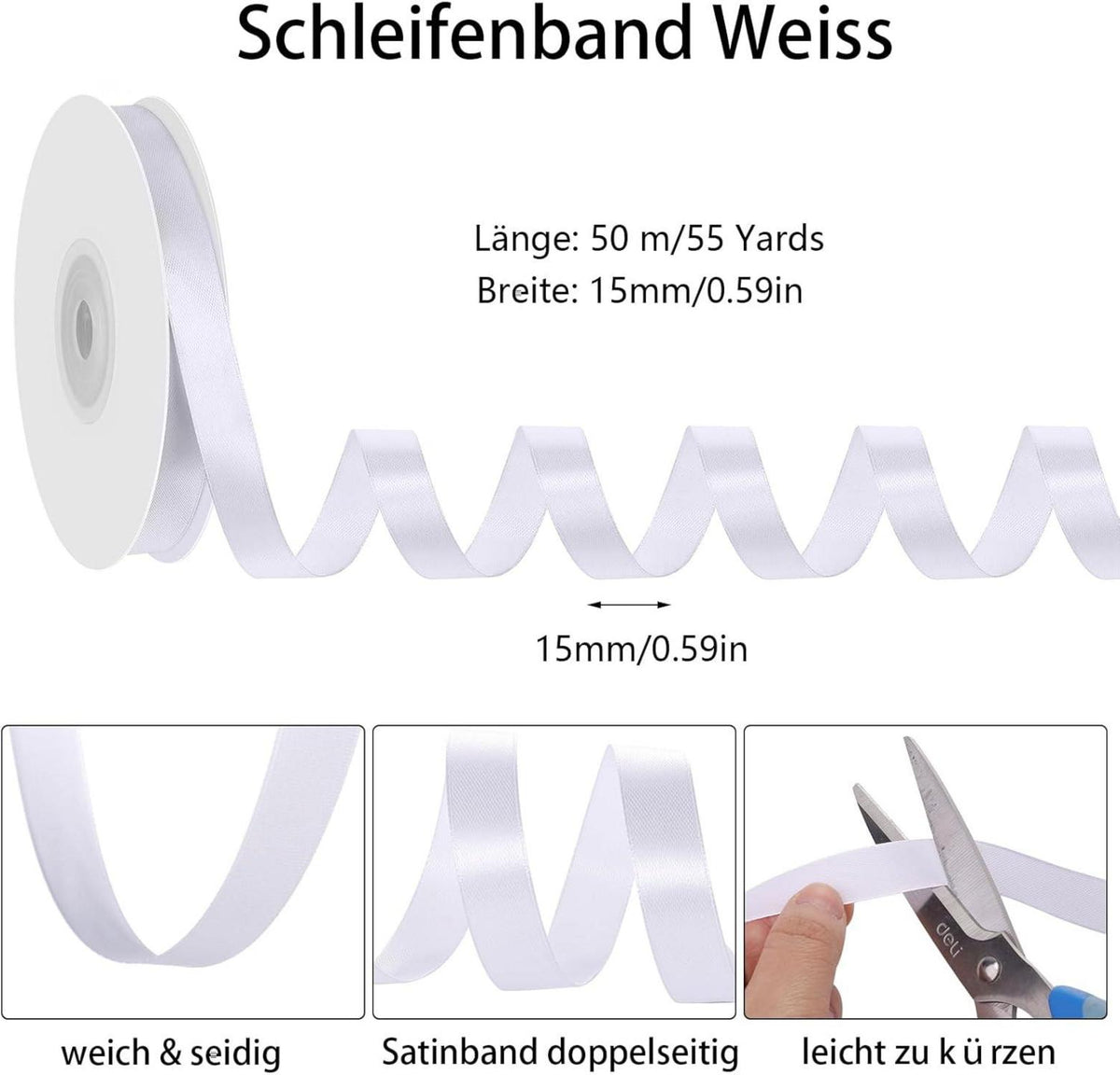 Schleifenband Weiß 50m x 15mm Satinband Dekoband Hochzeit