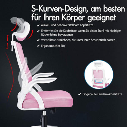 Ergonomischer Rosa Bürostuhl mit Kopfstütze & Lordosenstütze