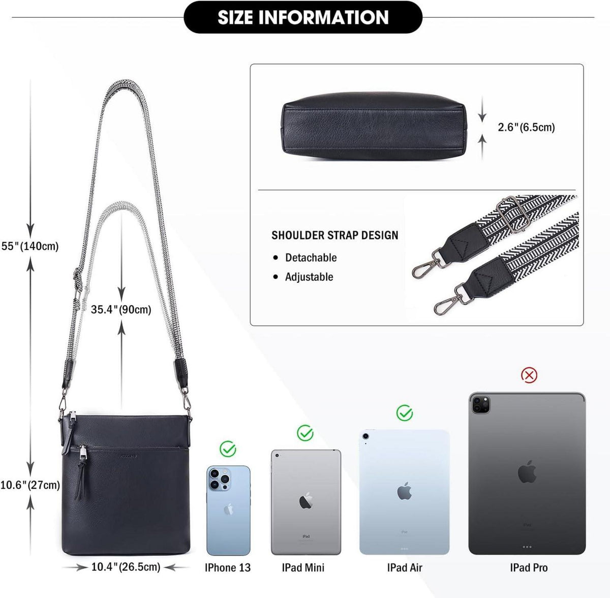 Moderne RFID Umhängetasche Damen Vegan Leder 3 Fächer