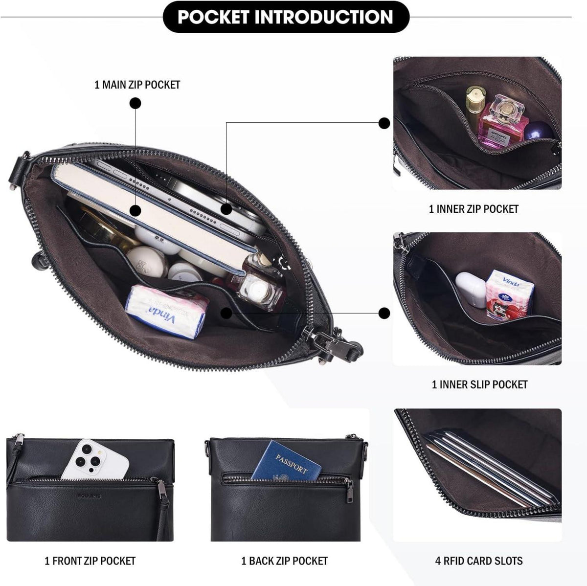 Mittelgroße Umhängetasche aus veganes Leder mit RFID Schutz - Damen Crossbody Tasche