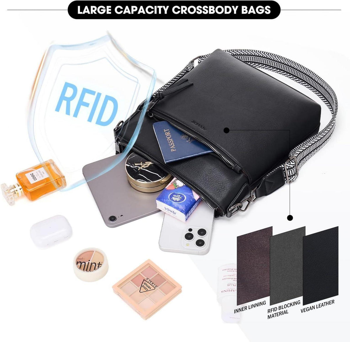 Damen Umhängetasche Mittelgroß Veganes Leder RFID Crossbody
