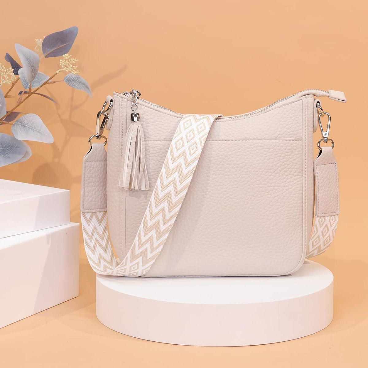 Umhängetasche Damen Handtasche Crossbody Bag Beige Vegan Leder