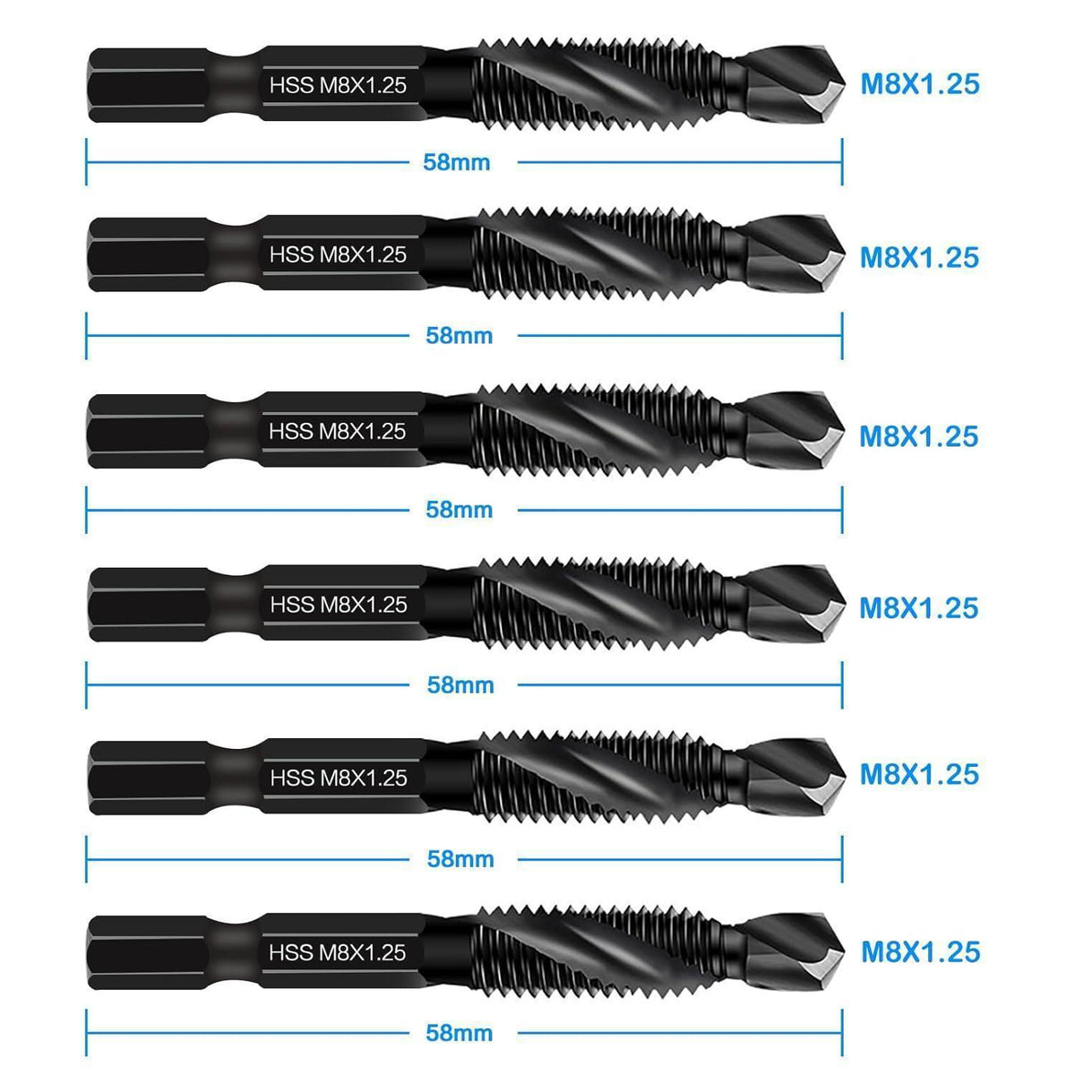 6er Set M8 Gewindebohrer mit Bohrer, 1.25mm Steigung