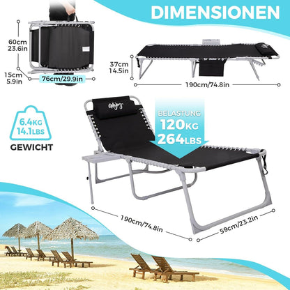 Klappbare Sonnenliege mit Verstellbarer Rückenlehne und Seitentasche