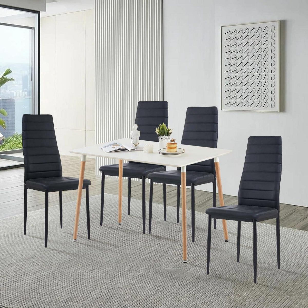 Esszimmergruppe Weißer Tisch mit 4 Schwarz Stühlen
