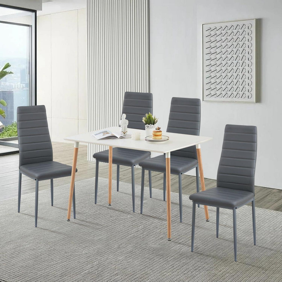 Esszimmergruppe Weißer Tisch + 4 Grau Stühle – Modern & Komfortabel