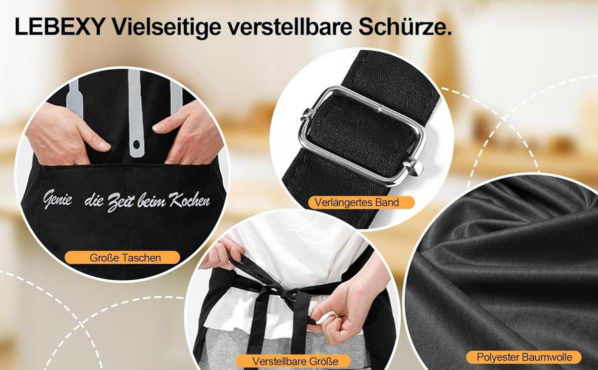 Kochschürze Baumwolle Schwarz mit Taschen und verstellbarem Nackenband