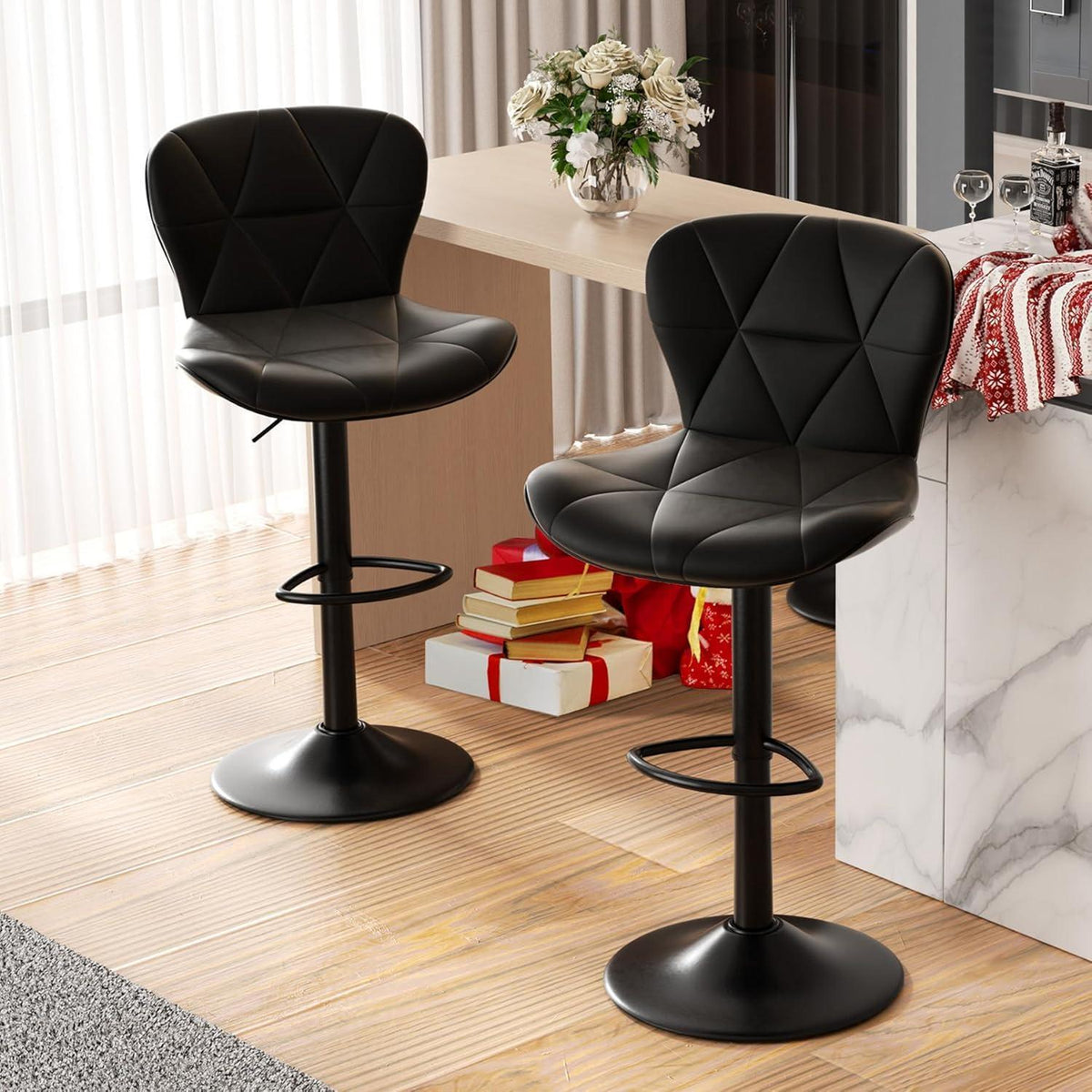 Barhocker 2er Set mit Rückenlehne, Höhenverstellbar, Schwarz