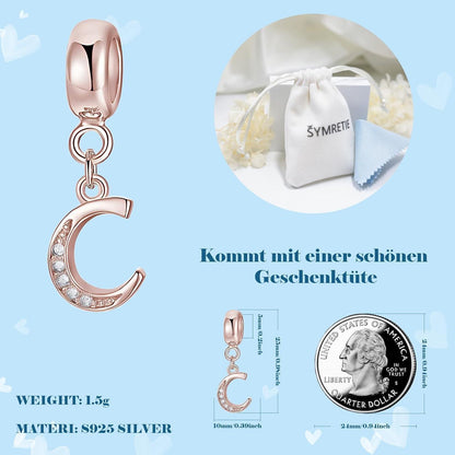 Damen Charm Anhänger Buchstabe A-Z Rosegold 925 Sterling Silber Zirkonia