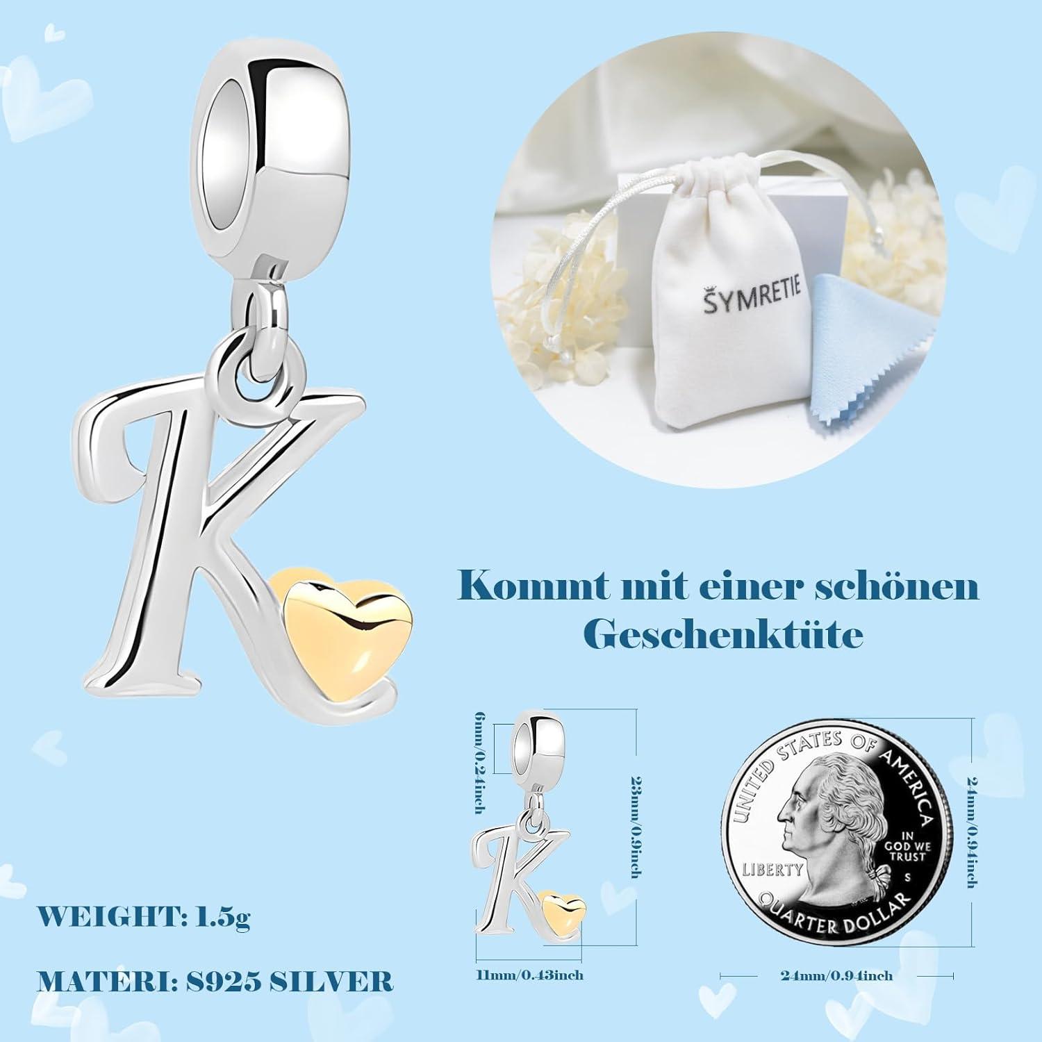 Sterling Silber Charm Anhänger Buchstaben A-Z mit Gelbem Herz - Symretie Damen