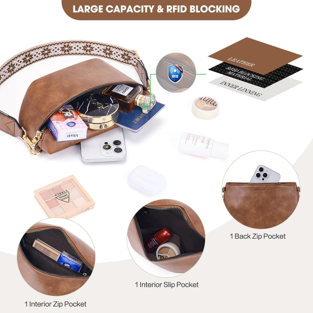 Damen Umhängetasche RFID Blockierung Veganes Leder Crossbody Bag