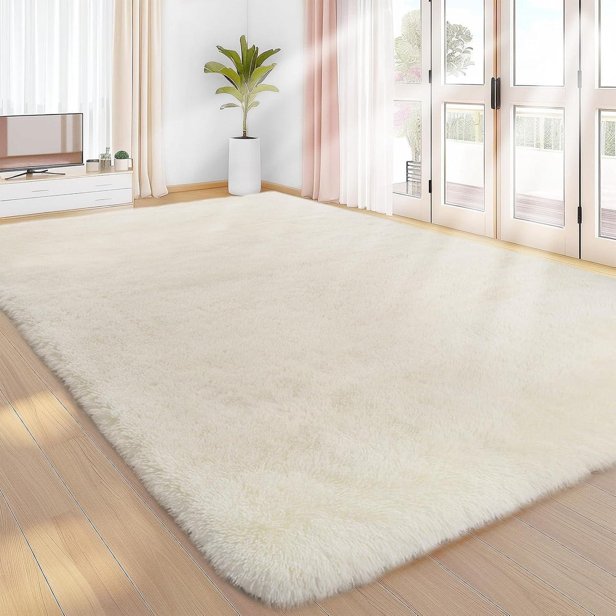 Hochflor Teppich Creme 160x230 – Flauschiger Wohnzimmerteppich