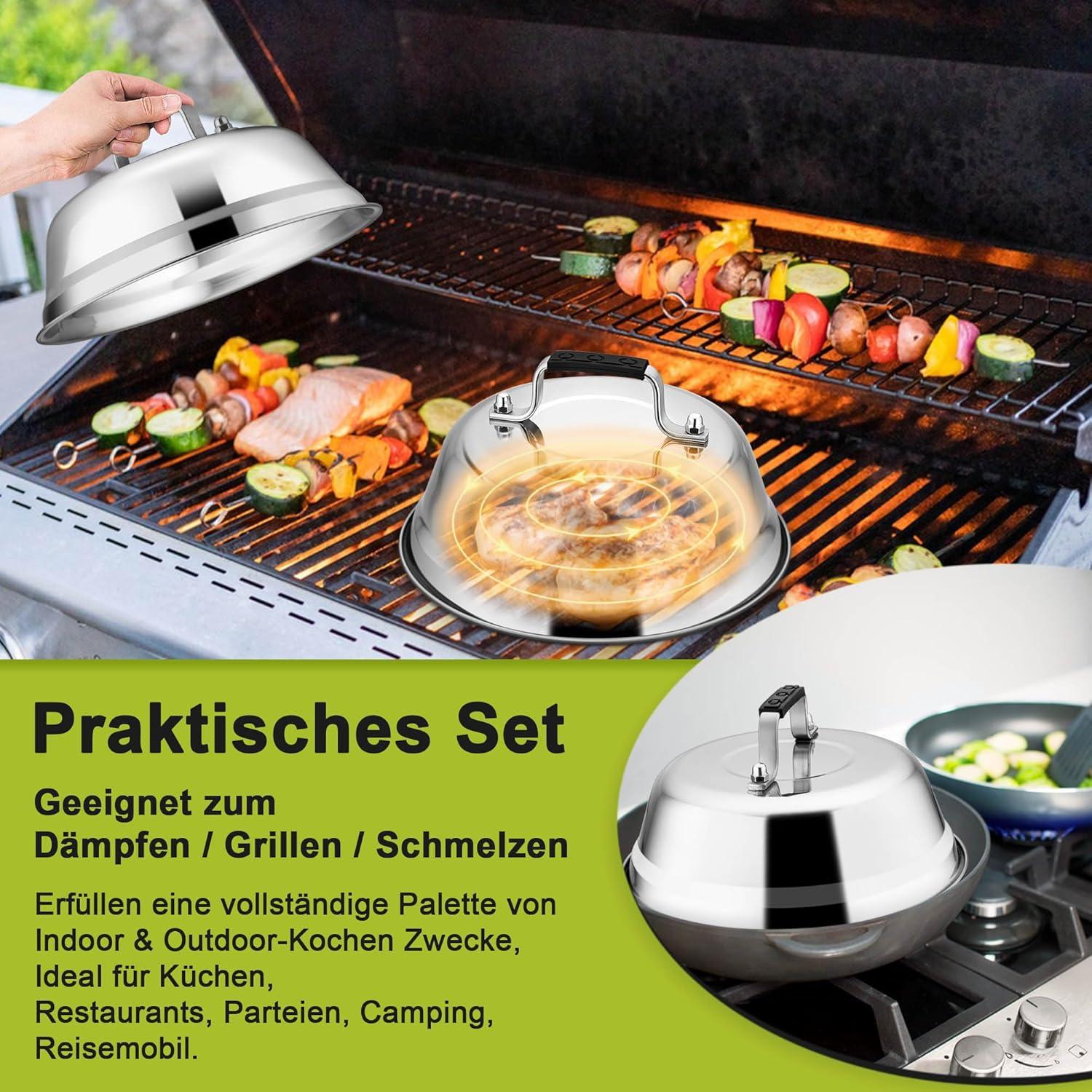 Burgerglocke Edelstahl Gummigriff Schmelzglocke Grill Steak Käse 4er