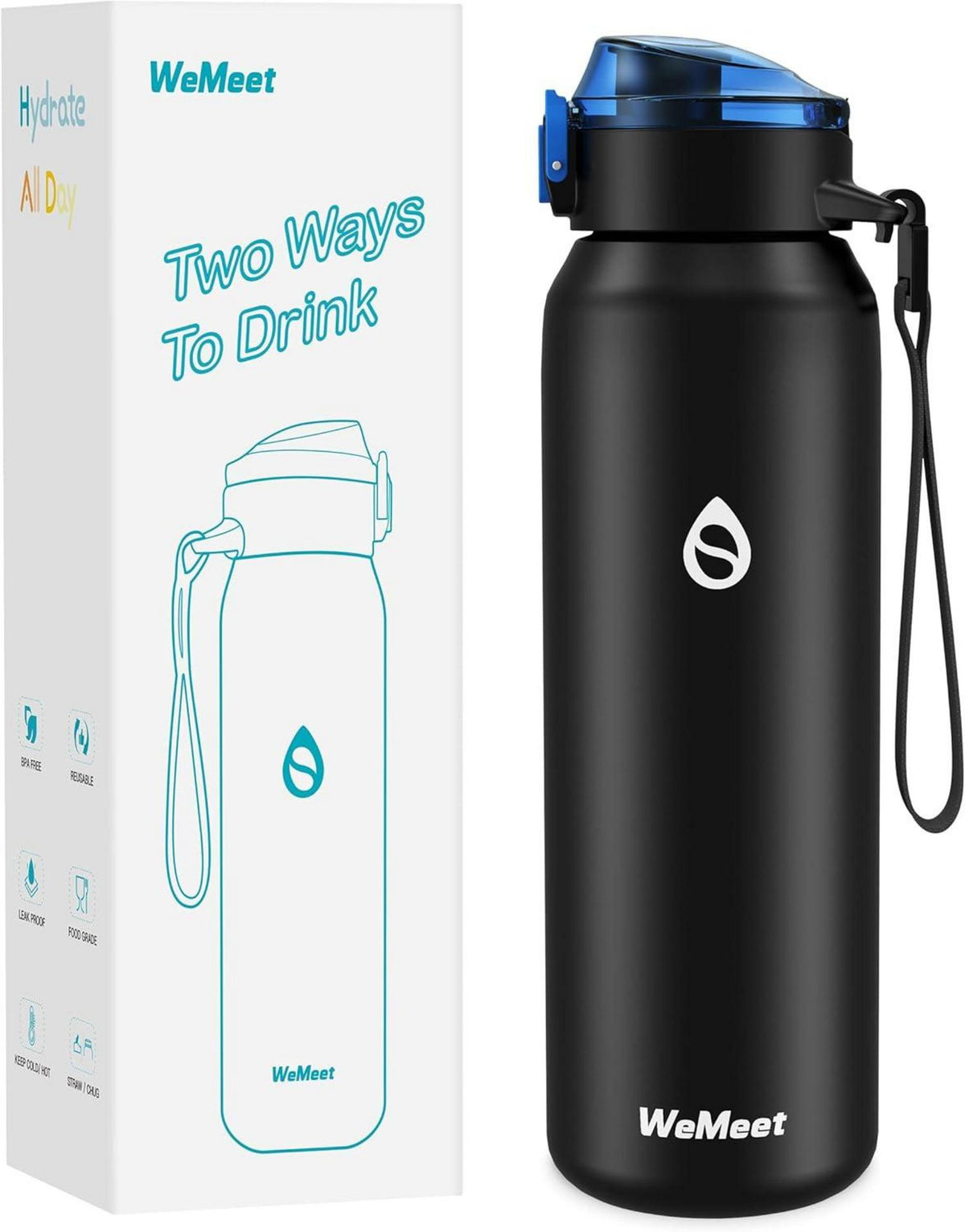 Trinkflasche Edelstahl 1000ml abnehmbarer Strohhalm BPA-frei Outdoor