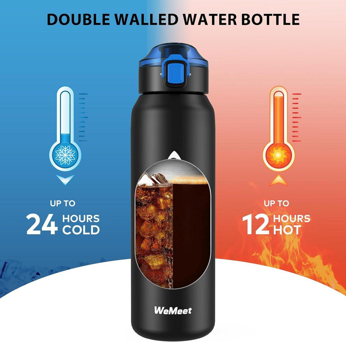 WEMEET 1000ml Edelstahl Trinkflasche mit Abnehmbarem Strohhalm und Gurt Schwarz