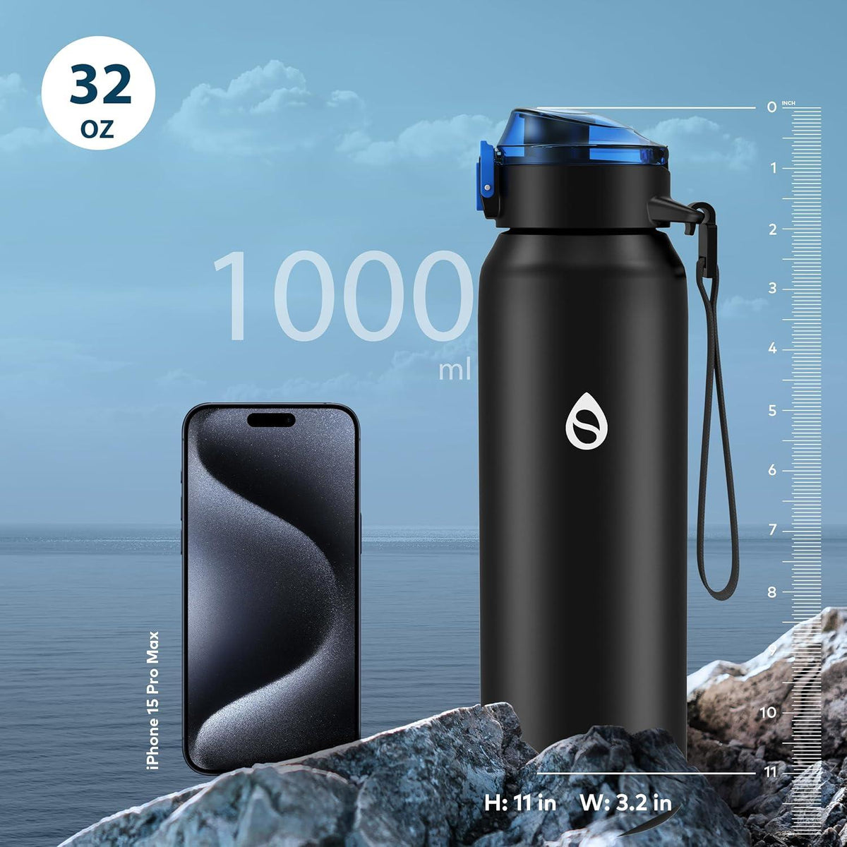 Trinkflasche Edelstahl 1000ml mit abnehmbarem Strohhalm BPA-frei Schwarz