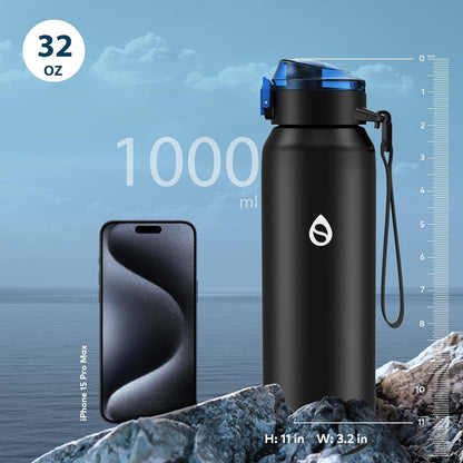 Trinkflasche Edelstahl 1000ml mit abnehmbarem Strohhalm BPA-frei Schwarz