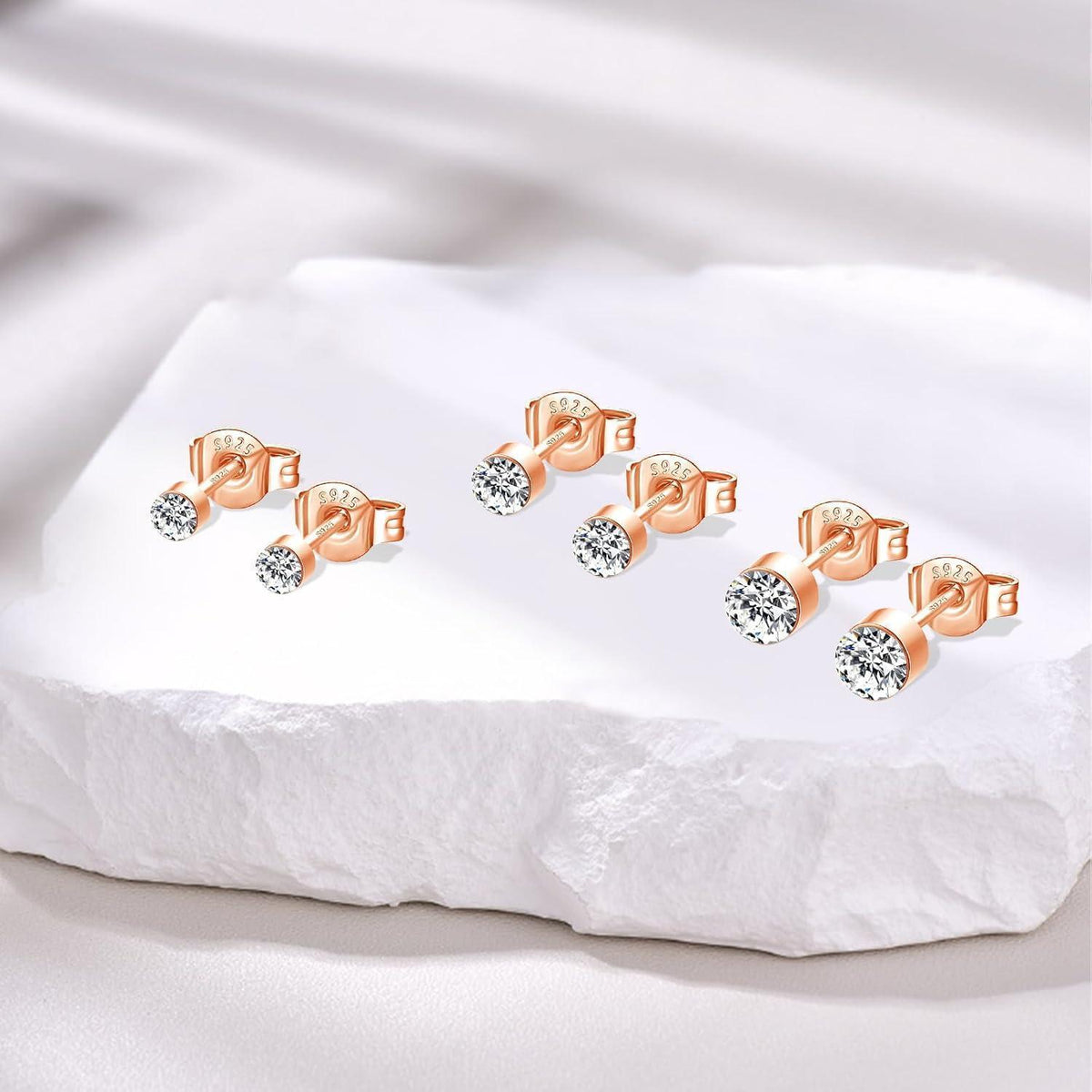 925 Sterling Silber Ohrstecker Set, Rosegold Zirkonia, 2-4mm