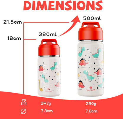 SANTECO Kinder Trinkflasche Edelstahl 380ml - Auslaufsicher Strohhalm