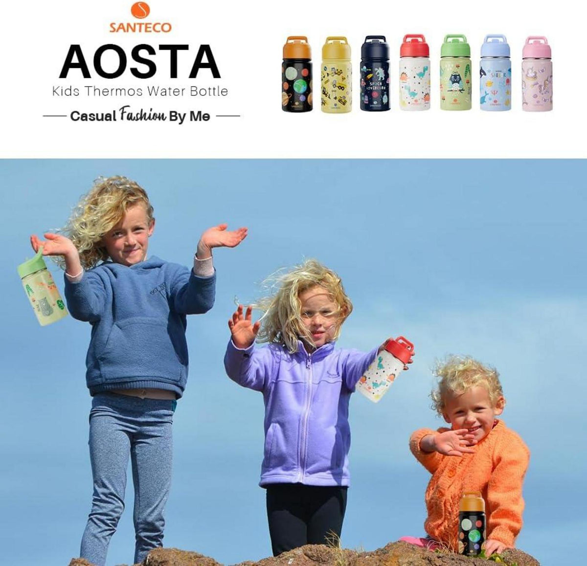 Trinkflasche Kinder Edelstahl 380ml Strohhalm Auslaufsicher