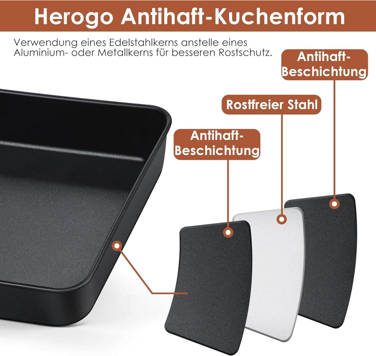 Quadratische Edelstahl Auflaufform 21x21x5 cm für Kuchen & Brownies
