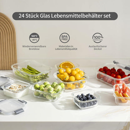 GENICOOK 24-teiliges Glas Frischhaltedosen Set Luftdicht für