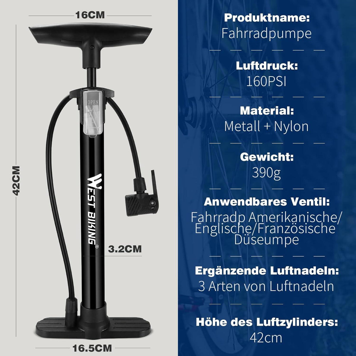 Fahrrad Luftpumpe 160psi Druck Bicycle Pump Rennrad Mountainbike E-Bike