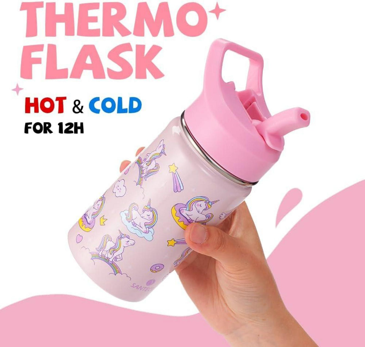 Trinkflasche Kinder 380ml Edelstahl Strohhalm Auslaufsicher