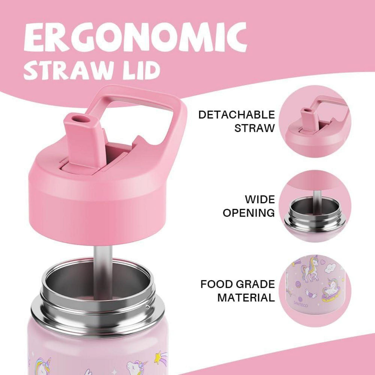 Kinder Trinkflasche Edelstahl 380ml mit Strohhalm Auslaufsicher Unicorn