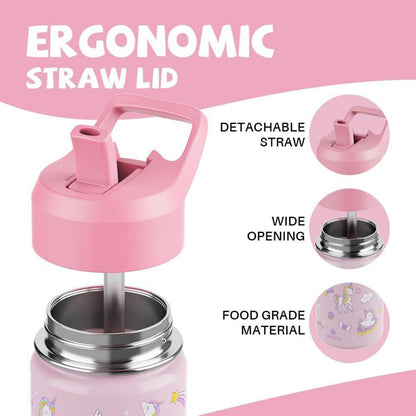 Kinder Trinkflasche Edelstahl 380ml mit Strohhalm Auslaufsicher Unicorn