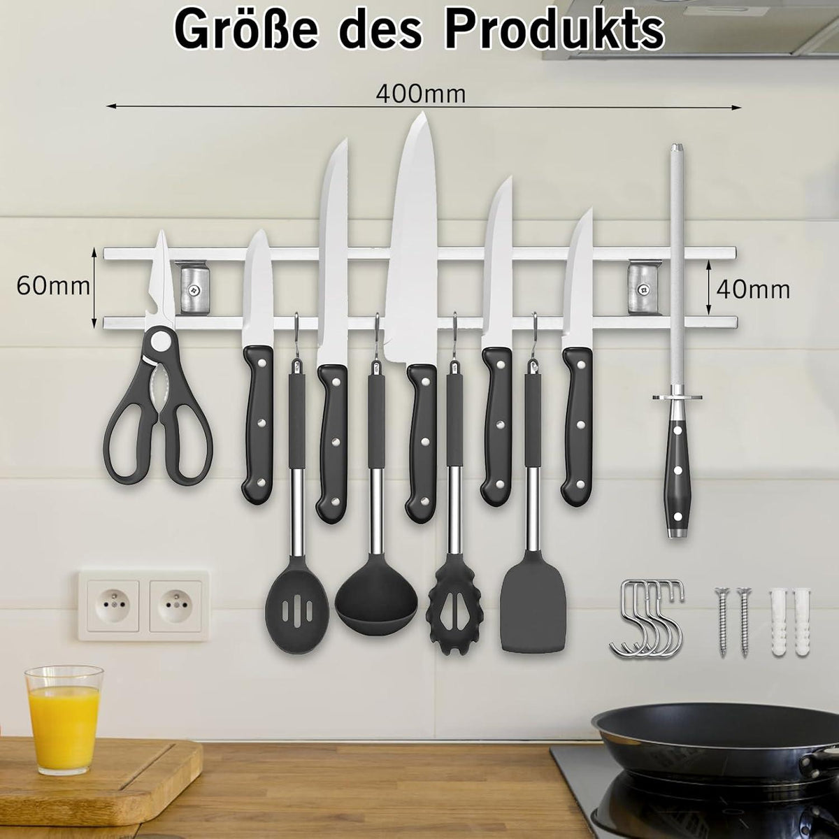 Magnetleiste Messerhalter Magnetisch Doppelschicht 40cm 4 Haken