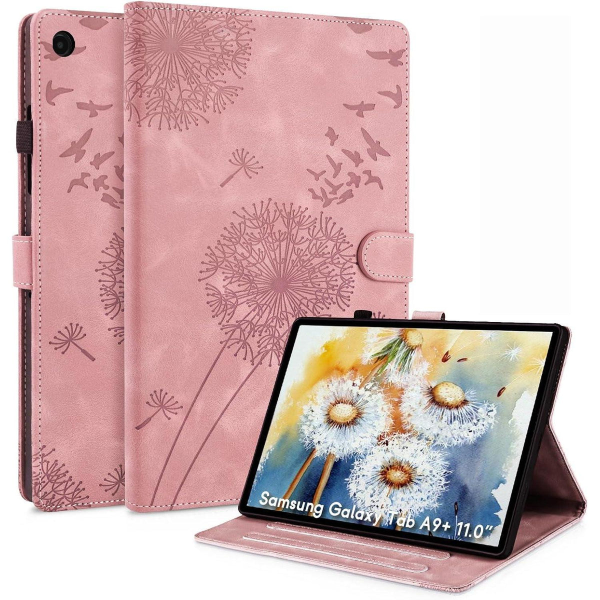 Samsung Galaxy Tab A9+ Hülle mit Kartenfächern, Roségold Löwenzahn