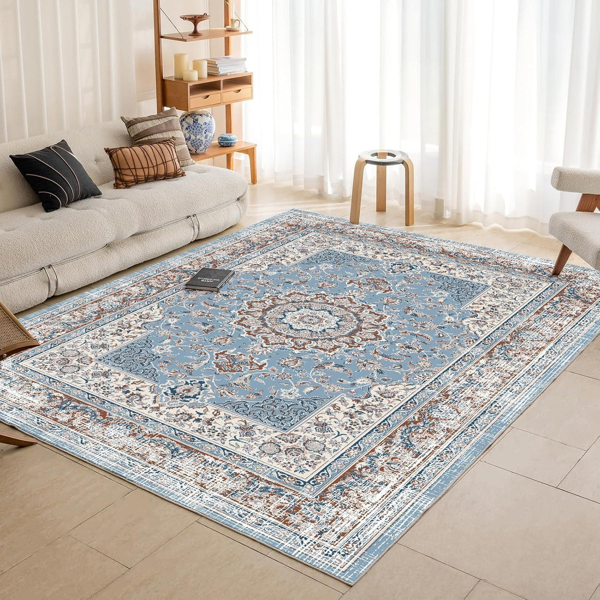 Teppich Groß Boho Blau Rutschfest Waschbar Vintage 200x290 cm