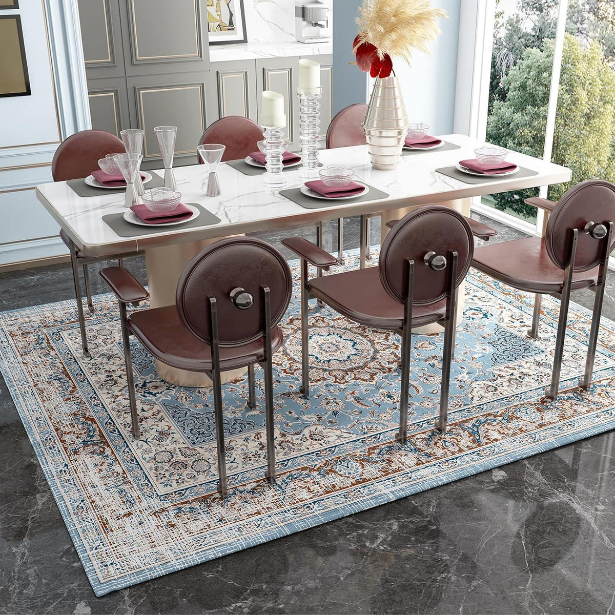 Teppich Groß Boho Blau Rutschfest Waschbar Vintage 200x290 cm