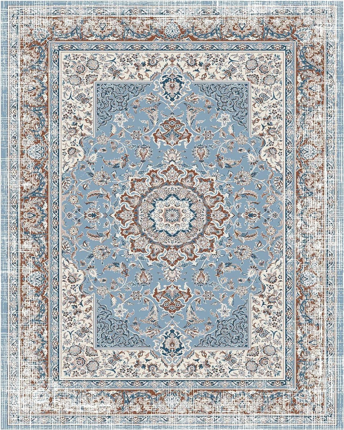 OMERAI Vintage-Teppich Groß 200x290cm Blau Kurzflor waschbar rutschfest