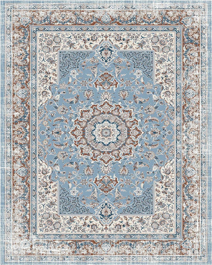 OMERAI Vintage-Teppich Groß 200x290cm Blau Kurzflor waschbar rutschfest