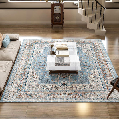 OMERAI Großer Wohnzimmer Teppich Blau 200x290cm Kurzflor rutschfest & waschbar