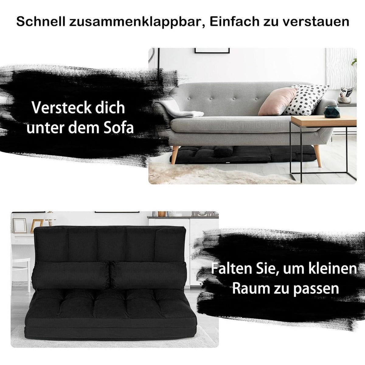 2-Sitzer Bodensofa mit Schlaffunktion – Verstellbares Liege Sofa Schwarz