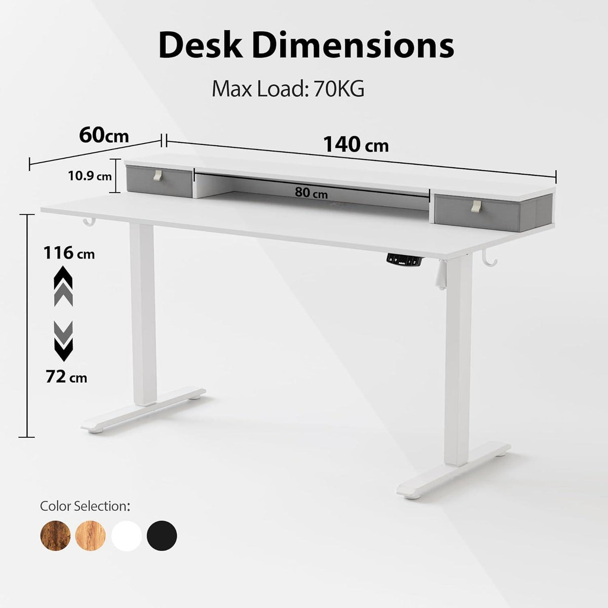 Höhenverstellbarer Schreibtisch 140 x 60 cm mit 2 Schubladen