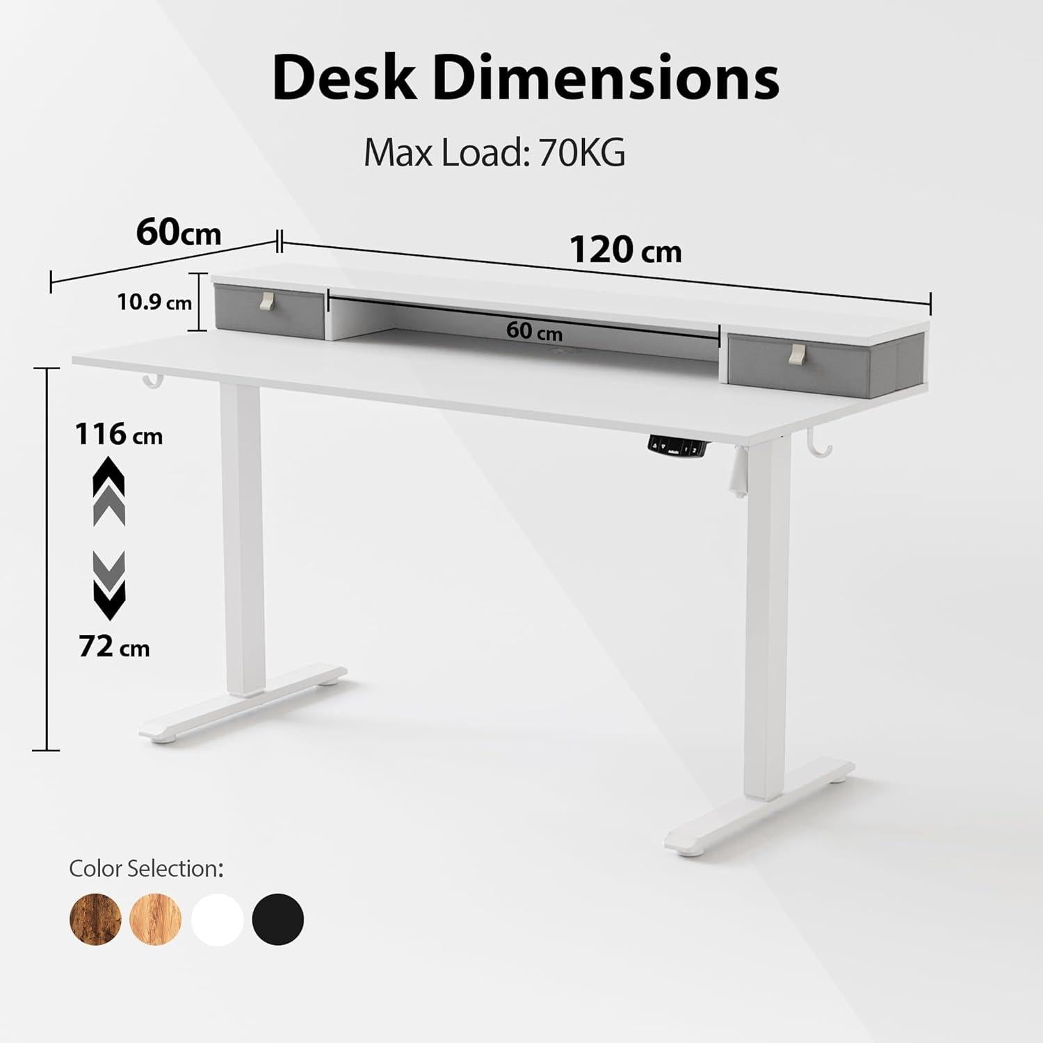 Höhenverstellbarer Schreibtisch 120x60cm 2 Schubladen Elektrisch