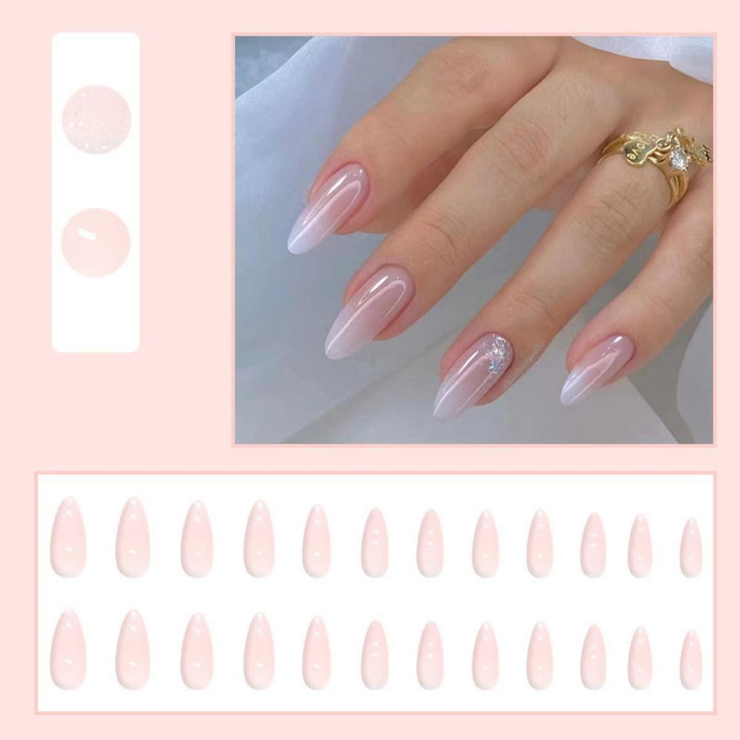 24 Stück Glitzer Mandel Nägel Kurz Einfarbig Oval Mittel Pink Glitzer