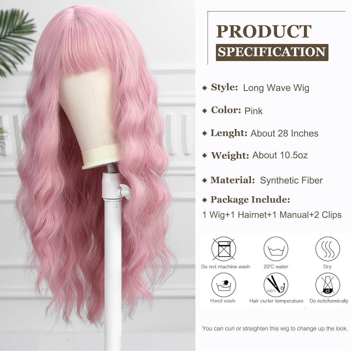 Lange gewellte rosa Perücke mit Pony – Synthetisch & natürlich