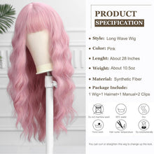 Lange gewellte rosa Perücke mit Pony – Synthetisch & natürlich
