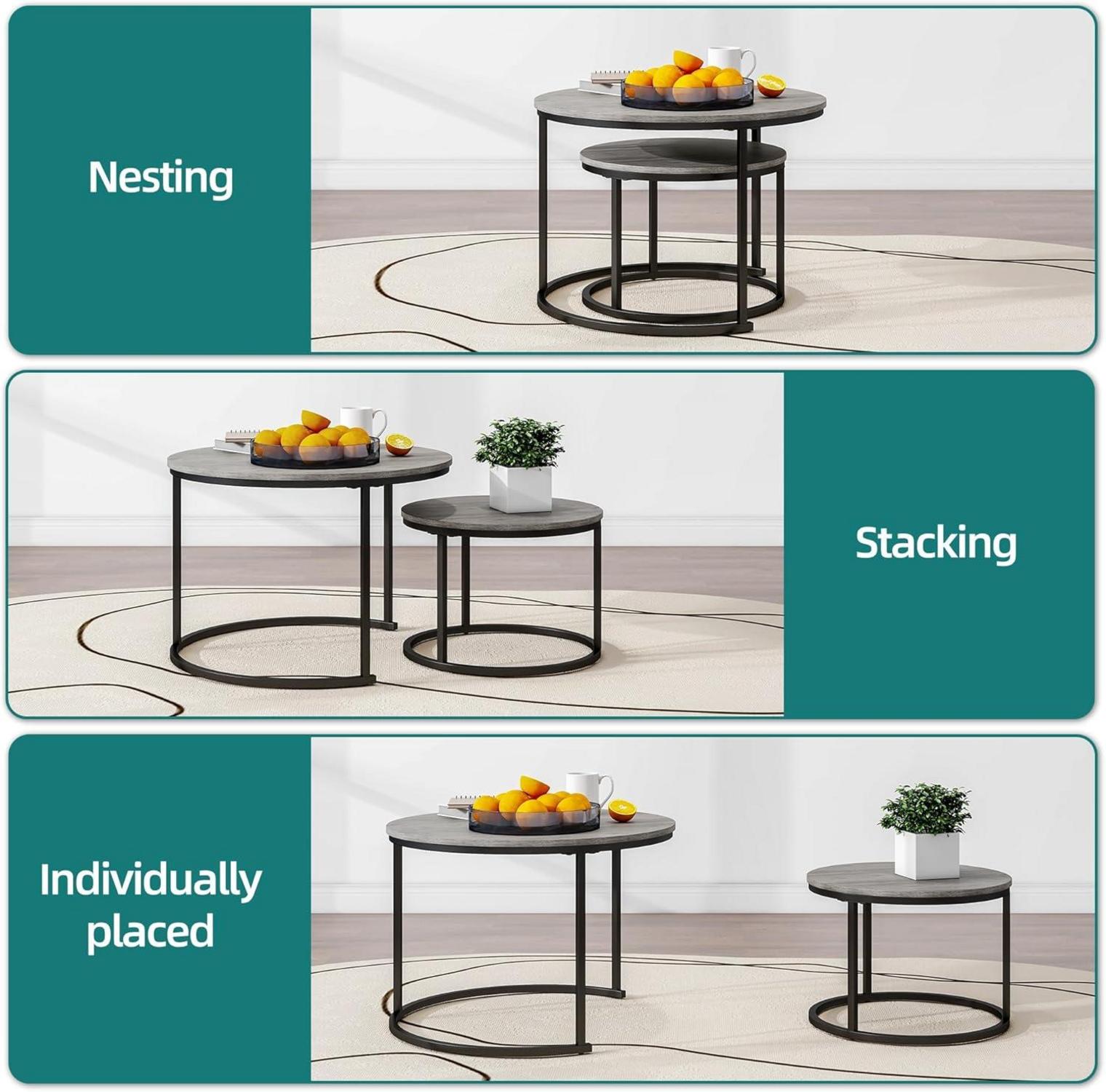 HOJINLINERO 2er-Set Runde Couchtische Holz Metallrahmen Wohnzimmer grau