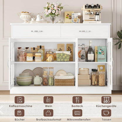 120cm Sideboard mit Glastüren & Schubladen – Weißes Küchenbuffet