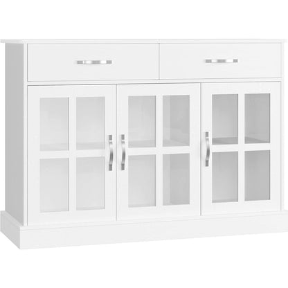 120cm Sideboard mit Glastüren & Schubladen – Weißes Küchenbuffet