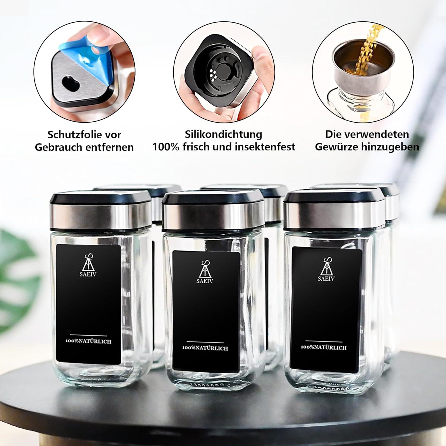 360° Rotation Eckig Gewürzgläser Set | 12 Gewürzdosen, 80 Etiketten