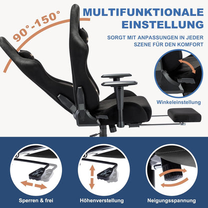 Ergonomischer Gaming Stuhl mit Fußstütze und Lendenkissen Schwarz